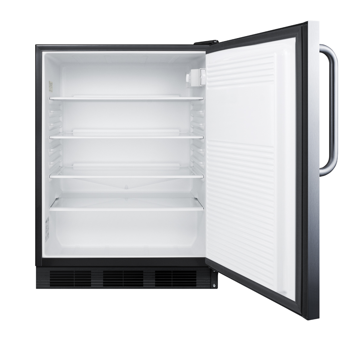 ADA compliant all-refrigerator for freestanding general purpose use, auto defrost w/SS door, towel bar handle, and black cabinet